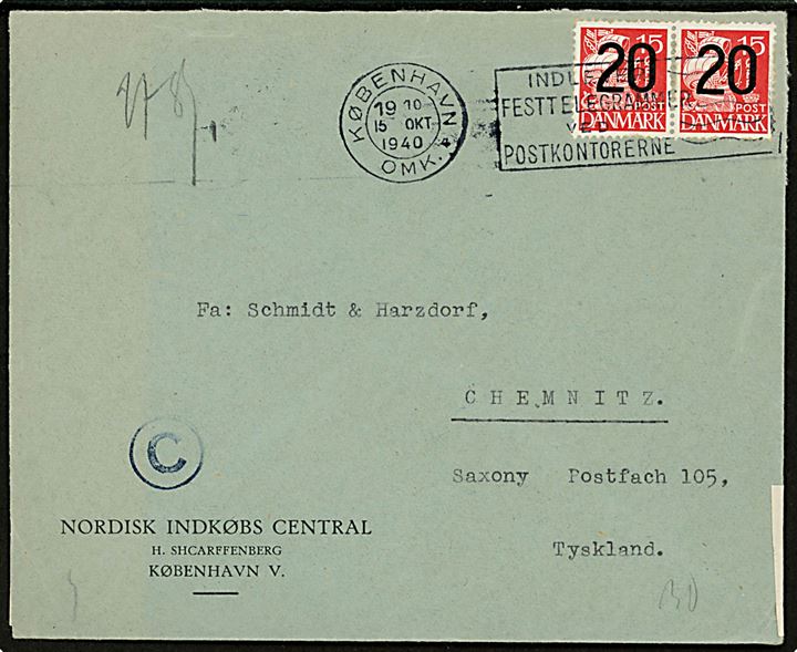 20/15 øre Provisorium i parstykke på brev fra København d. 15.10.1940 til Chemnitz, Tyskland. Åbnet af tysk censur i Berlin.