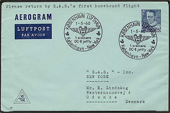 60 øre Fr. IX aerogram (fabr. 11) annulleret med særstempel København Lufthavn 1. ordinære DC-8 jetfly København - New York d. 1.5.1960 via New York til Odense.