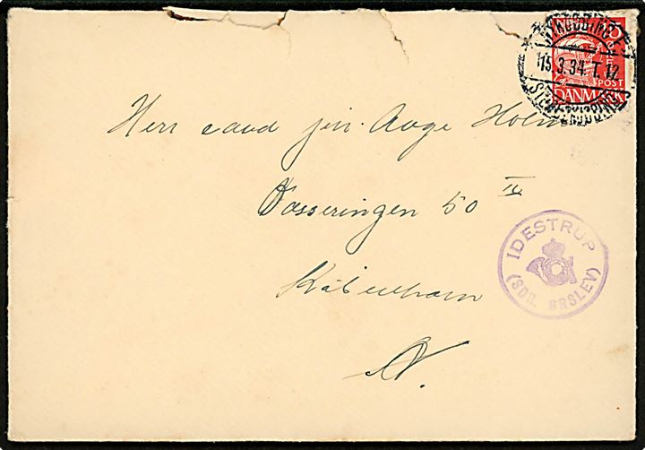 15 øre Karavel på brev annulleret med bureaustempel Nykøbing F. - Stubbekøbing T.12 d. 15.3.1934 og sidestemplet med posthornstempel IDESTRUP (SDR. ØRSLEV) til København. Urent åbnet.