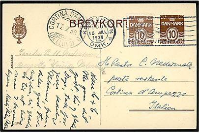 10 øre helsagsbrevkort (fabr. 128) opfrankeret med 10 øre Bølgelinie fra København d. 15.7.1938 til poste restante i Cortina d'Ampezzo, Italien.