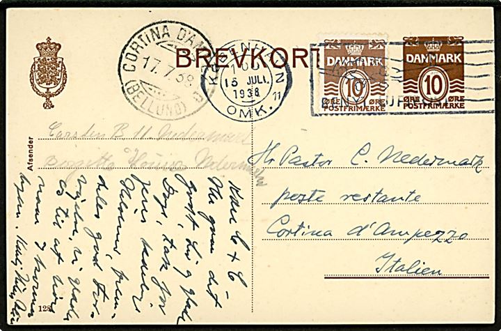 10 øre helsagsbrevkort (fabr. 128) opfrankeret med 10 øre Bølgelinie fra København d. 15.7.1938 til poste restante i Cortina d'Ampezzo, Italien.