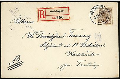 25 øre Chr. X single på anbefalet brev fra officer på Kronborg annulleret med brotype IIIb Helsingør d. 3.2.1915 til Adjudant ved 17. Bataillon i Karlslund pr. Taastrup.
