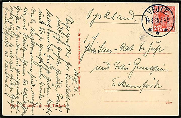 25 øre Chr. X single på brevkort (Stransparti ved Tirsbæk med dampbåd) annulleret med brotype IIIb Vejle *** d. 14.8.1925 til Eckernförde, Tyskland.