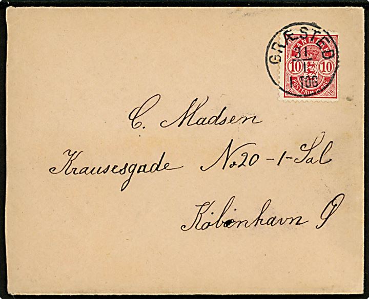 10 øre Våben på brev annulleret med lapidar Græsted d. 31.1.1905 til København.