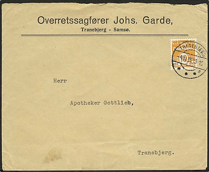 10 øre Bølgelinie på lokalt brev annulleret med brotype IIc Tranebjærg sn2 d. 4.11.1935.
