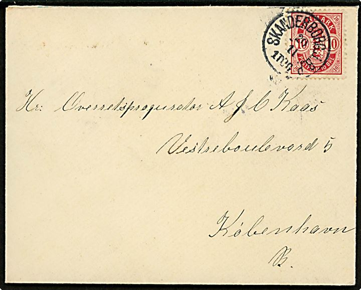 10 øre Våben på brev annulleret med lapidar Skanderborg J.B.P. d. 20.11.1902 til København.