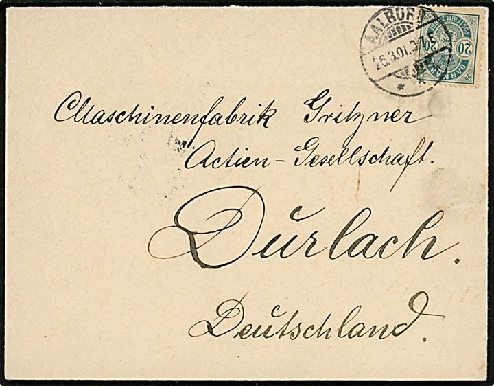 20 øre Våben med matricefejl Farveløs plet i S på brev fra Aalborg d. 26.3.1901 til Durlach, Tyskland.