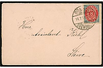 8 øre Tofarvet på brev annulleret med bureaustempel Odense - Svendborg T.7 d. 14.7.1894 til Skive.