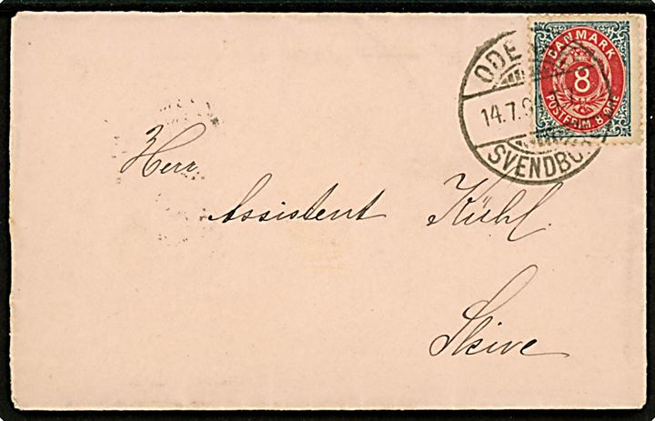 8 øre Tofarvet på brev annulleret med bureaustempel Odense - Svendborg T.7 d. 14.7.1894 til Skive.