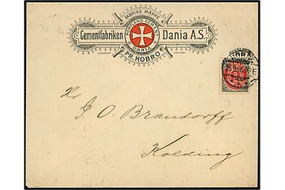 8 øre Tofarvet omv. rm. på illustreret firmakuvert fra Cementfabriken Dania stemplet Hobro d. 25.9.1896 til Kolding.