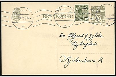 3 øre helsagsbrevkort opfrankeret med 12 øre Chr. X fra Randers d. 7.3.1922 til København. Meget usædvanlig kombination.