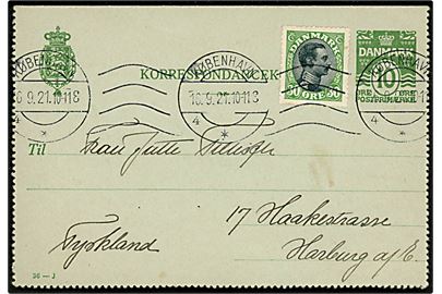 10 øre helsags korrespondancekort (fabr. 36-J) opfrankeret med 30 øre Chr. X fra København d. 16.9.1921 til Harburg, Tyskland. 