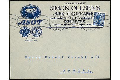 30 øre Chr. X single på illustreret firmakuvert fra A/S Simon Olsen's Trikotagefabrik i København d. 24.8.1926 til Apolda, Tyskland.