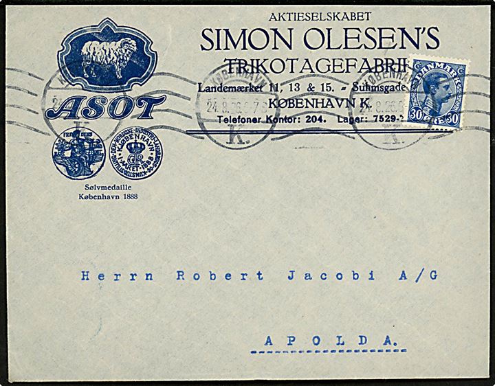 30 øre Chr. X single på illustreret firmakuvert fra A/S Simon Olsen's Trikotagefabrik i København d. 24.8.1926 til Apolda, Tyskland.