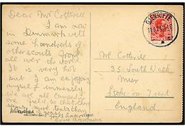 25 øre Chr. X single på brevkort annulleret med brotype IIIb Gjentofte d. 11.8.1924 til Stoke-on-Trent, England.