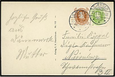5 øre og 10 øre Chr. X 60 år på brevkort (Parti fra Gedser) annulleret med brotype Ic Gjedser d. 25.6.1931 til Nürnberg, Tyskland.