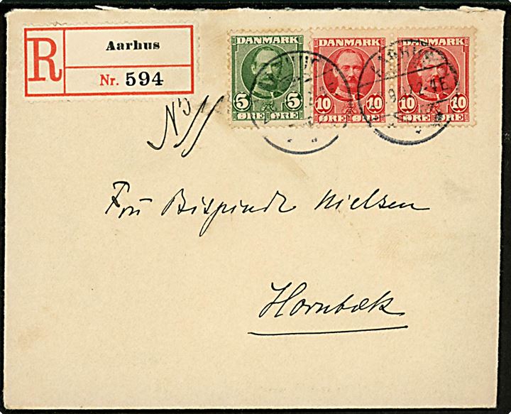 5 øre og 10 øre (par) Fr. VIII på anbefalet brev fra Aarhus d. 23.9.1907 til Hornbæk.
