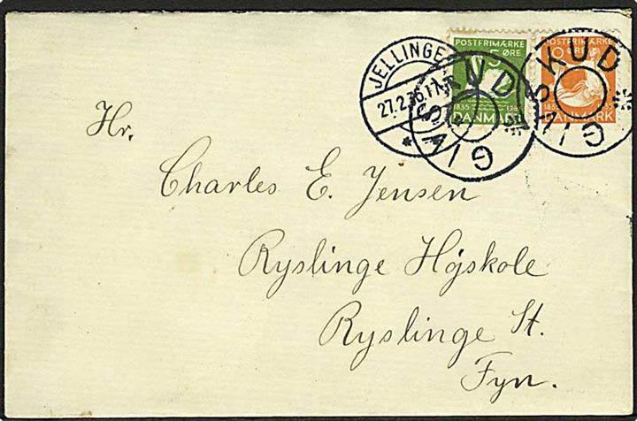 5 øre og 10 øre H.C.Andersen på brev annulleret med udslebet stjernestempel GIVSKUD og sidestemplet Jellinge d. 27.2.1936 til Ryslinge.