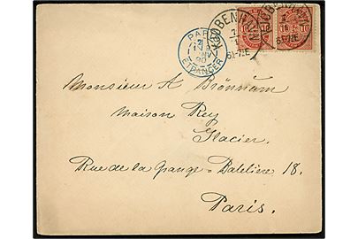 10 øre Våben (2) på brev fra Kjøbenhavn d. 7.1.1890 til Paris, Frankrig.