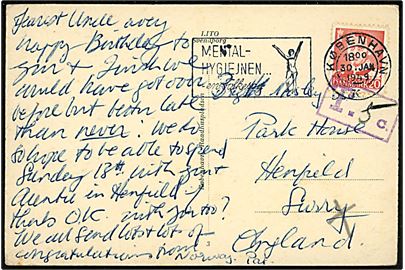 20 øre Fr. IX på underfrankeret brevkort fra København d. 30.1.1949 til Henfield, England. Violet portostempel: T. 5 c.. 
