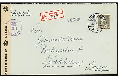 50 øre Chr. X single på anbefalet brev fra Søborg d. 13.7.1945 til Stockholm, Sverige. Åbnet af dansk efterkrigscensur (krone)/281/Danmark.