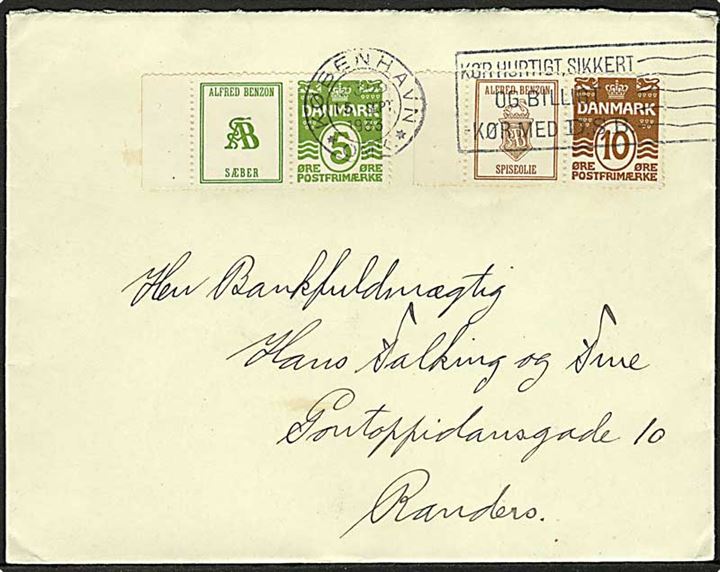 5 øre Bølgelinie + Alfred Benzon Sæbe, samt 10 øre Bølgelinie + Alfred Benzon Spiseolie i parstykker på brev fra København d. 15.9.1933 til Randers.