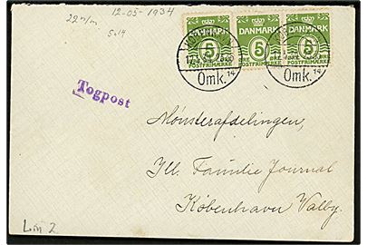 5 øre Bølgelinie (3) på brev annulleret København Omk. d. 12.5.1934 og sidestemplet Togpost til København Valby.