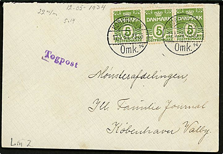 5 øre Bølgelinie (3) på brev annulleret København Omk. d. 12.5.1934 og sidestemplet Togpost til København Valby.