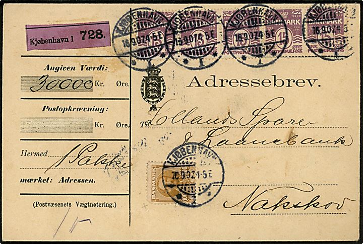 15 øre Bølgelinie (5) og 100 øre Fr. VIII på 175 øre frankeret adressebrev for værdipakke fra Kjøbenhavn d. 16.9.1907 til Nakskov.