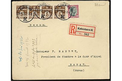5 øre Bølgelinie i 4-stribe og 50 øre Chr. X på anbefalet brev fra Kjøbenhavn d. 28.4.1922 til Rabat, Marokko. 