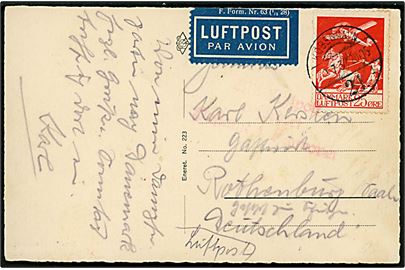 25 øre Luftpost single på luftpost brevkort fra København 21 d. 9.7.1932 til Rothenburg, Tyskland. Svagt luftpoststempel fra Hannover.