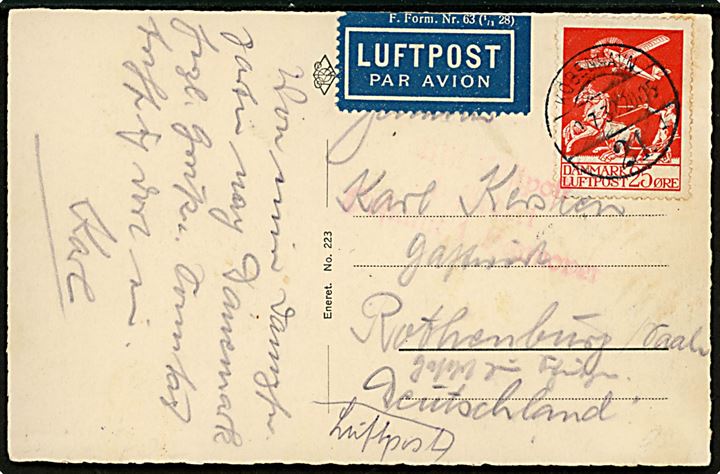 25 øre Luftpost single på luftpost brevkort fra København 21 d. 9.7.1932 til Rothenburg, Tyskland. Svagt luftpoststempel fra Hannover.