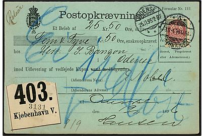12 øre Tofarvet single på retur Postopkrævning fra Kjøbenhavn d. 19.11.1896 til Odense. 