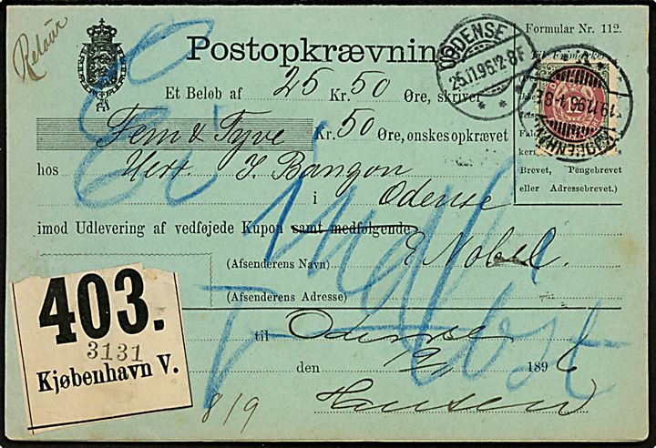 12 øre Tofarvet single på retur Postopkrævning fra Kjøbenhavn d. 19.11.1896 til Odense. 