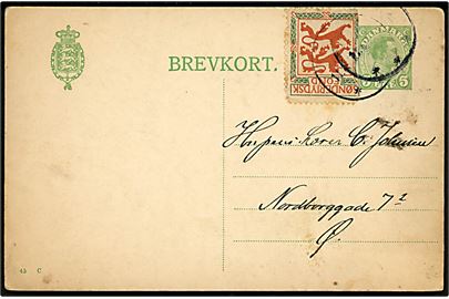 5 øre Chr. X helsagsbrevkort (fabr. 45-C) med Sønderjydsk Fond mærkat dateret i Charlottenlund d. 11.6.1919 og annulleret med svagt stempel til København.