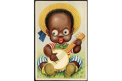Mekanisk kort med lille mørk dreng med rulleøjne der spiller banjo. If u/no. 