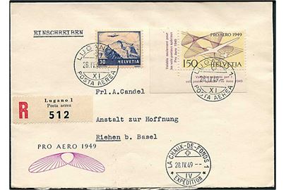 150 c. Svævefly og 30 c. luftpost på anbefalet Pro Aero 1949 brev fra Lugano d. 28.4.1949 via La Chaux de Fonds til Riehen.
