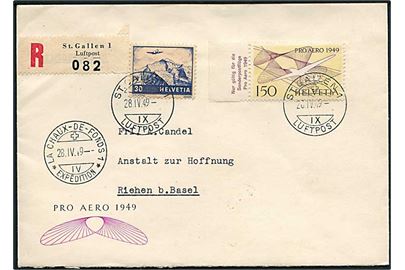150 c. Svævefly og 30 c. luftpost på anbefalet Pro Aero 1949 brev fra St. Gallen d. 28.4.1949 via La Chaux de Fonds til Riehen.