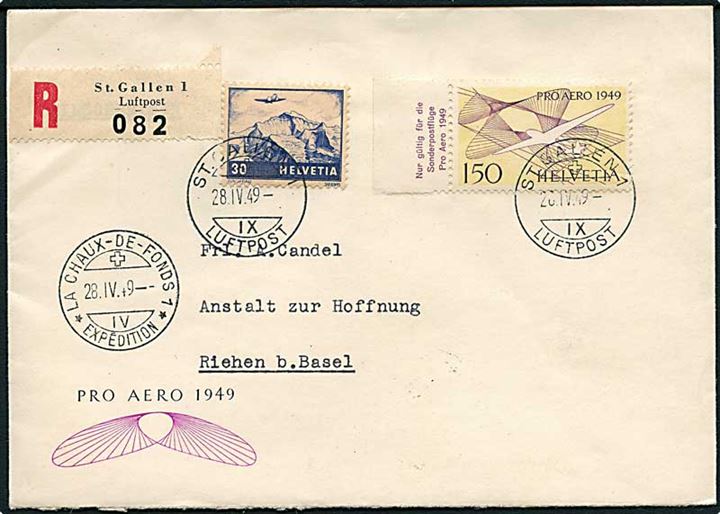 150 c. Svævefly og 30 c. luftpost på anbefalet Pro Aero 1949 brev fra St. Gallen d. 28.4.1949 via La Chaux de Fonds til Riehen.