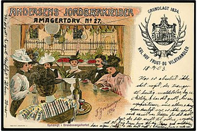 Købh., Amagertorv 27, Andersen's Jordbærkælder. Reklamekort tegnet af Fritz Grotemeyer 1896. F. Haas u/no.