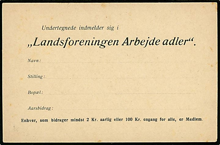 Landsforeningen Arbejdet Adler. Fortrykt indmeldelses brevkort som kan nedlægges ufrankeret i en postkasse.