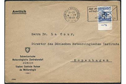 30 c. Tjenestemærke på fortrykt kuvert fra Schweizerische Meteorologische Zentralanstalt i Zürich d. 8.4.1940 til Meteorologisk Institut i København, Danmark. Uden censur!