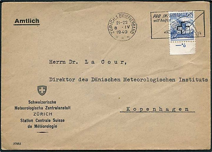 30 c. Tjenestemærke på fortrykt kuvert fra Schweizerische Meteorologische Zentralanstalt i Zürich d. 8.4.1940 til Meteorologisk Institut i København, Danmark. Uden censur!