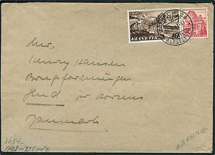 30 c. frankeret brev fra Zürich d. 21.4.1941 til Horsens, Danmark. Åbnet af tysk censur.