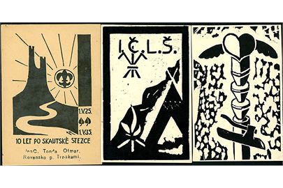 Spejder, linoleum tryk fra tjekkisk spejderlejr i 1930'erne. 3 kort uden adresselinier.  
