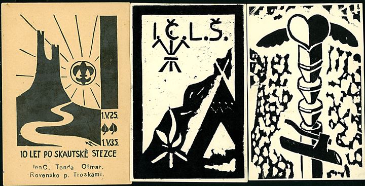 Spejder, linoleum tryk fra tjekkisk spejderlejr i 1930'erne. 3 kort uden adresselinier.  