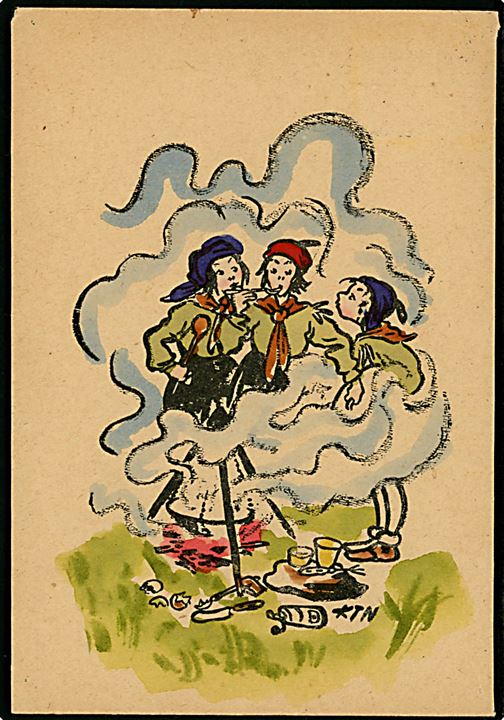 K. Neuman: Tjekkiske pigespejdere laver mad over bål. U/no. Anvendt 1947.