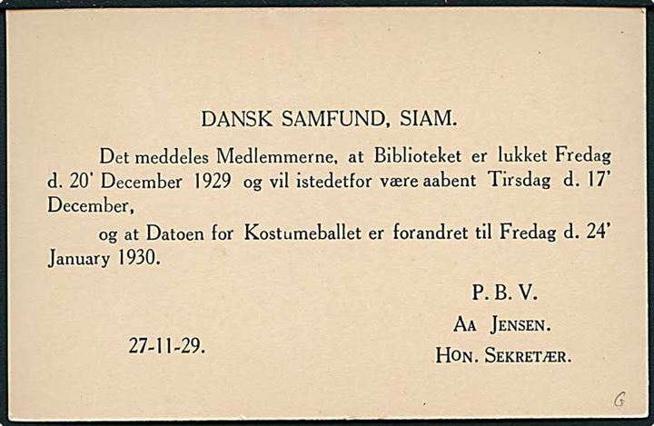 Siam 2 stg. helsagsbrevkort med tiltryk: Dansk Samfund, Siam dateret d. 27.11.1929. Ubrugt.