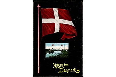 Skodborghus, Hilsen fra Danmark med Dannebrog og prospekt af grænsebroen. P. Hansen u/no.