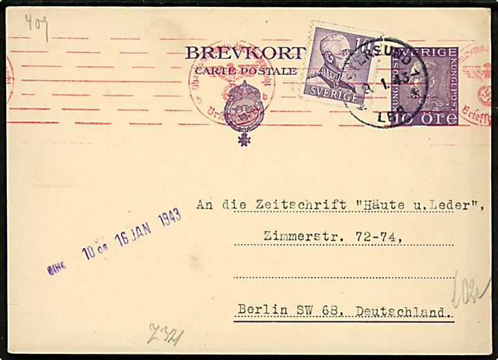 10 öre helsagsbrevkort opfrankeret med 10 öre Gustaf fra Östersund d. 9.1.1943 til Berlin, Tyskland. Tysk censur fra Berlin.